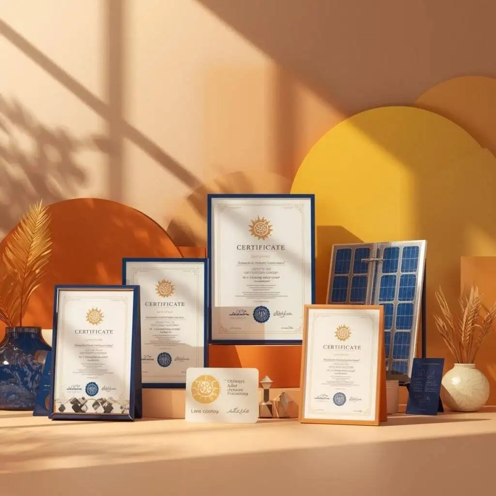 "Elegant certificates and official badges displayed on a modern solar-themed background, glowing highlights, professional and trustworthy look, suitable for a solar energy website."